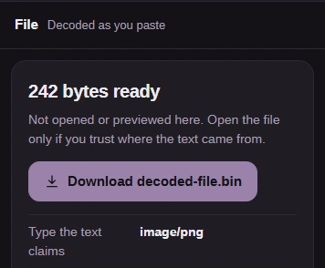 The file card shows the recovered byte count and claimed type, with Download decoded-file.bin to save the recovered bytes.