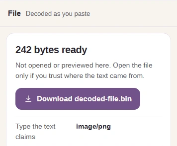 The file card shows the recovered byte count and claimed type, with Download decoded-file.bin to save the recovered bytes.