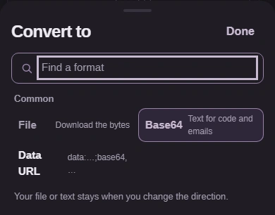 Choose Data URL for a labeled string, or Base64 for the payload by itself. Choosing an option closes the picker.