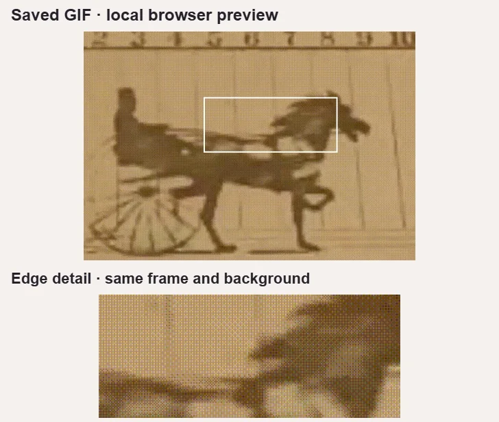 Saved horse GIF playing through its complete sequence in a local browser preview, with a moving enlarged detail of the horse's edge against the same background.