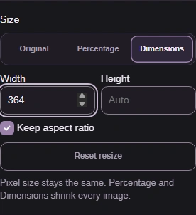 Size set to Dimensions, with Width 364, Height Auto and Keep aspect ratio.
