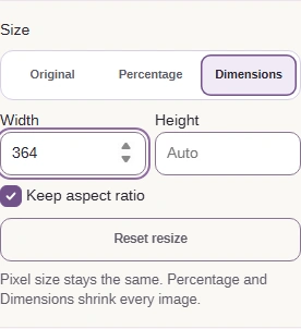 Size set to Dimensions, with Width 364, Height Auto and Keep aspect ratio.