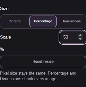 Size set to Percentage with Scale 50 percent.
