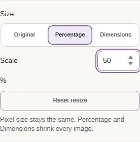 Size set to Percentage with Scale 50 percent.