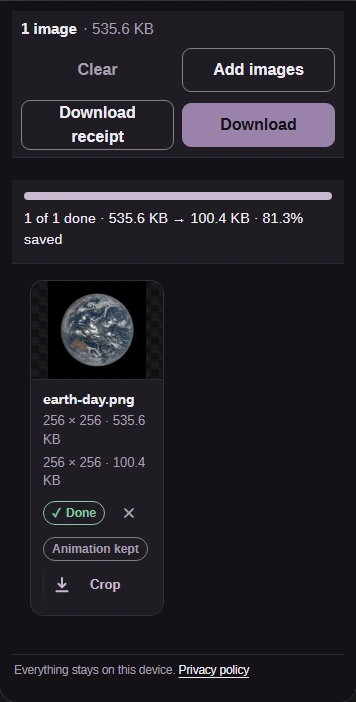 The finished WebP with its size, an Animation kept label and the Download button.