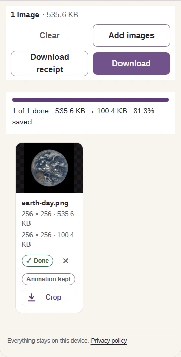 The finished WebP with its size, an Animation kept label and the Download button.