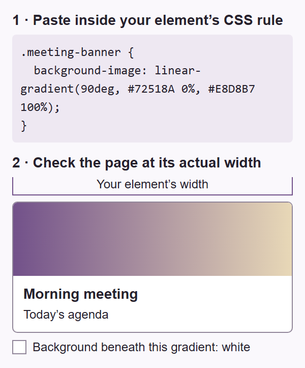 Two visual steps: paste the copied background-image declaration inside a meeting-banner CSS rule, then inspect a rendered meeting banner with its width marked and its white background identified.