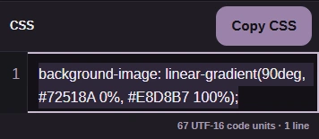 The CSS result contains the purple-to-cream background-image declaration beside Copy CSS.