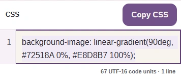 The CSS result contains the purple-to-cream background-image declaration beside Copy CSS.