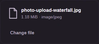 Selected photo-upload-waterfall.jpg with its file size and Change file button.