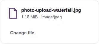 Selected photo-upload-waterfall.jpg with its file size and Change file button.