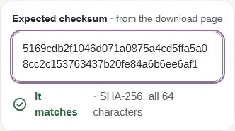 Expected checksum and It matches verdict for the waterfall photo.