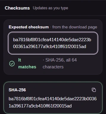 abc compared with the recorded SHA-256 checksum for abc: It matches.