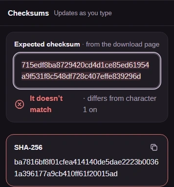 abc compared with the recorded SHA-256 checksum for abb: It doesn’t match.