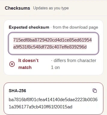 abc compared with the recorded SHA-256 checksum for abb: It doesn’t match.