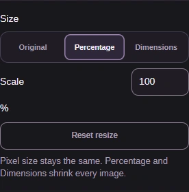 Percentage exposes Scale below the Size choices.