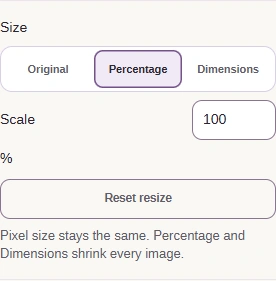 Percentage exposes Scale below the Size choices.
