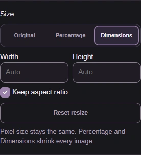 Dimensions exposes Width, Height and Keep aspect ratio.