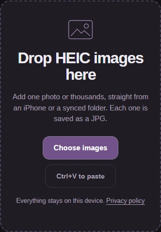 The HEIC converter's drop area: Drop HEIC images here, with the Choose images button.