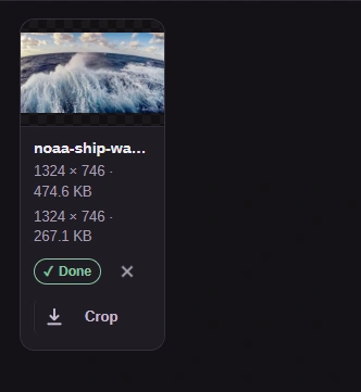 The finished photo: a preview of a ship's wake, its old and new sizes, and a Done mark.