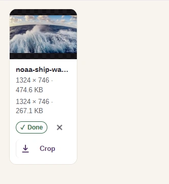 The finished photo: a preview of a ship's wake, its old and new sizes, and a Done mark.