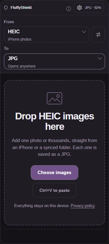 Current FluffyBench HEIC Converter: Choose images, To JPG and Settings.
