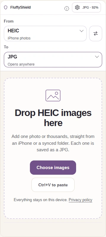 Current FluffyBench HEIC Converter: Choose images, To JPG and Settings.