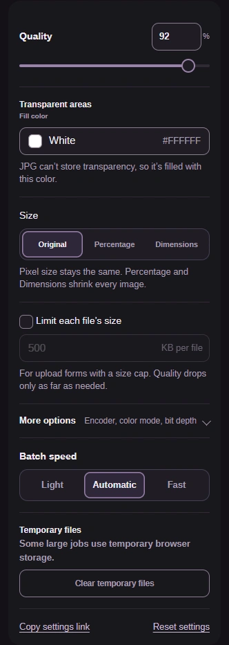 Open JPG Settings with Quality 92 and Size Original selected.