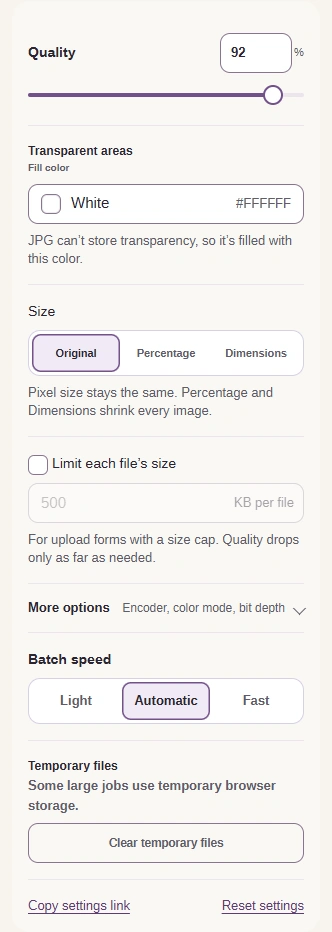 Open JPG Settings with Quality 92 and Size Original selected.