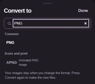 Format picker filtered to PNG.
