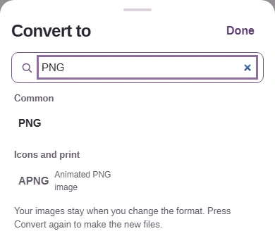 Format picker filtered to PNG.