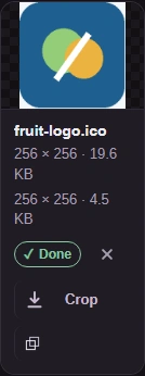 ICO source and PNG output dimensions and sizes beside the fruit preview.