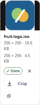ICO source and PNG output dimensions and sizes beside the fruit preview.