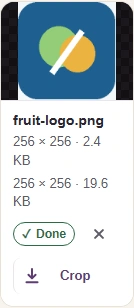 Completed fruit-logo ICO with preview, output size and Download.