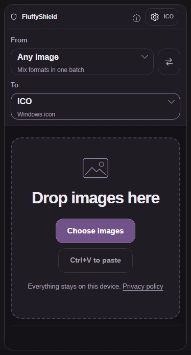 FluffyBench ICO converter with ICO chosen, Choose images, and Settings.