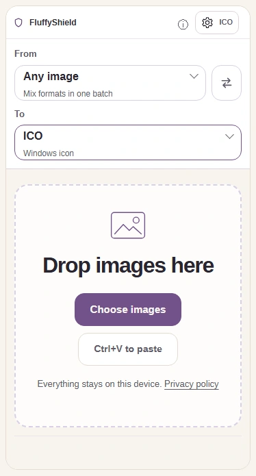 FluffyBench ICO converter with ICO chosen, Choose images, and Settings.