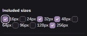 Included sizes with 16, 32, 48 and 256 px checked.