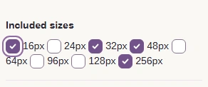 Included sizes with 16, 32, 48 and 256 px checked.