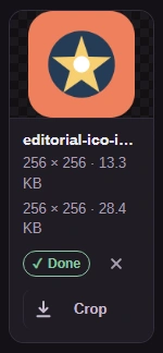 Completed ICO card with its output dimensions, total file size and Download arrow.