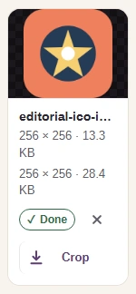 Completed ICO card with its output dimensions, total file size and Download arrow.