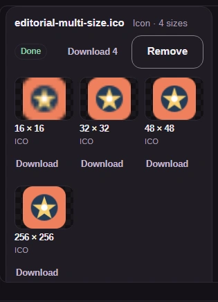 The separate ICO sizes listed as extracted PNGs, each with Download.