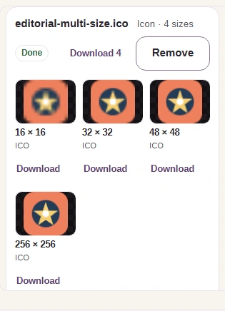 The separate ICO sizes listed as extracted PNGs, each with Download.