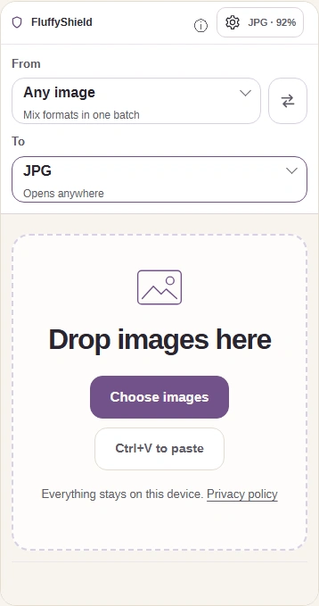 JPG converter with Choose images, To JPG and the Settings gear.