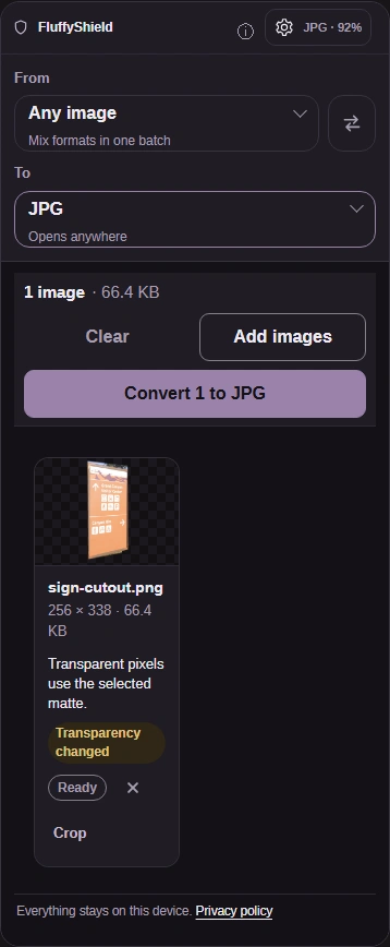 Settings gear above the selected sign cutout, with Convert ready.