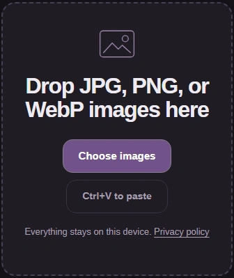 Remove Image Metadata drop area for JPG, PNG or WebP images, with the Choose images button.