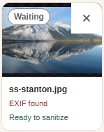 The ss-stanton.jpg tile reads EXIF found and Ready to sanitize.