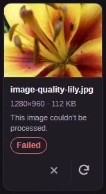 A size cap can be too small even at the lowest quality. This run at Original size with a 1 KB cap ends in Failed; smaller dimensions can help.