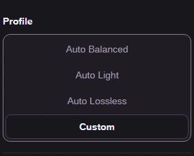 Choose Profile > Custom for an explicit format, quality ceiling, and file-size limit.
