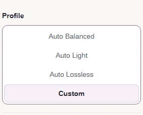 Choose Profile > Custom for an explicit format, quality ceiling, and file-size limit.