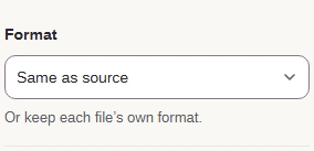 Same as source keeps each writable input format. For a required file type, choose that type in Format.